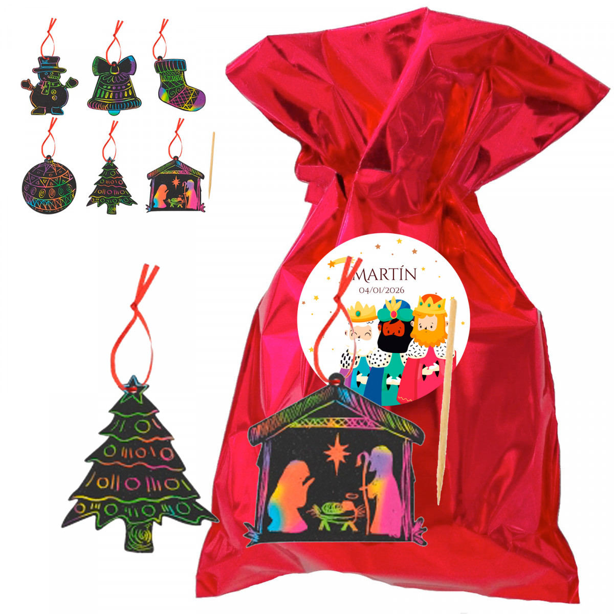 Adornos navideños scrapy en bolsa metalizada con adhesivo reyes magos personalizable para detalles