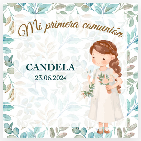 Lapicero con pizarra detalle pistacho y tiza y tarjeta personalizada en caja de presentación para comunión