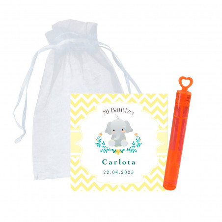 Mini pompero con corazón y tarjeta personalizada elefante en bolsa de organza para bautizos y eventos