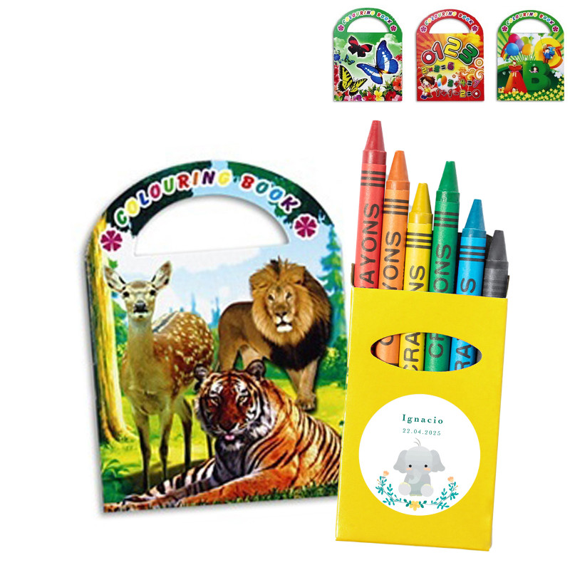 Libro para colorear con pegatinas y caja de ceras personalizadas para bautizo