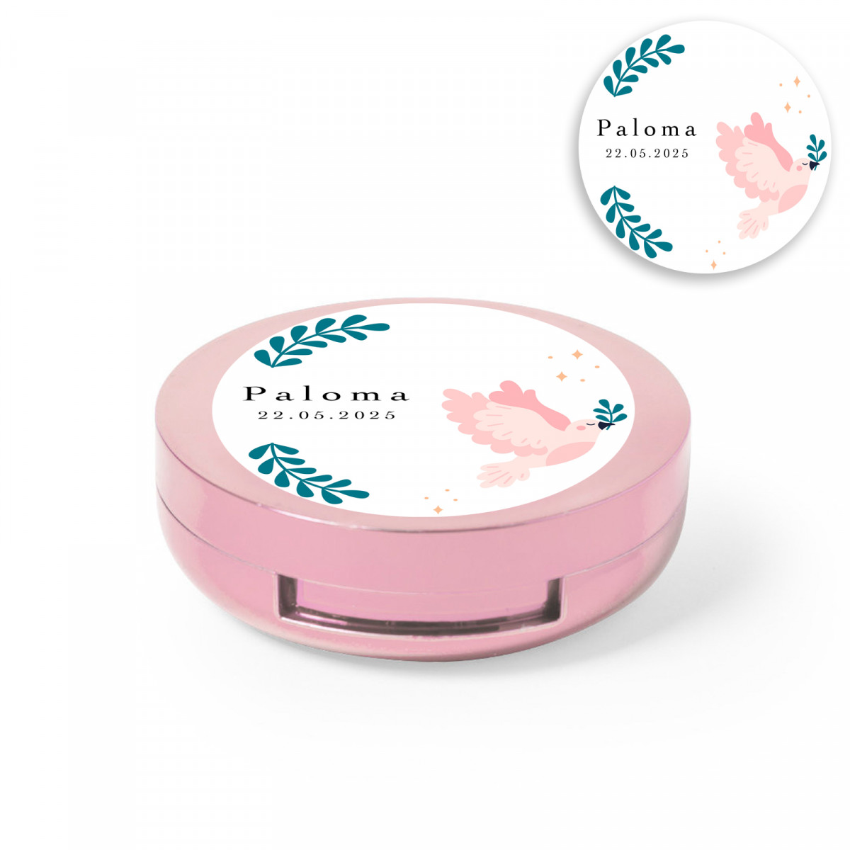 Bálsamo labial rosa con espejo integrado y adhesivo personalizado con paloma de la paz
