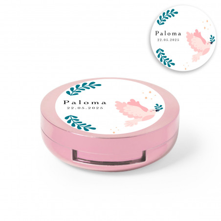 Bálsamo labial rosa con espejo integrado y adhesivo personalizado con paloma de la paz
