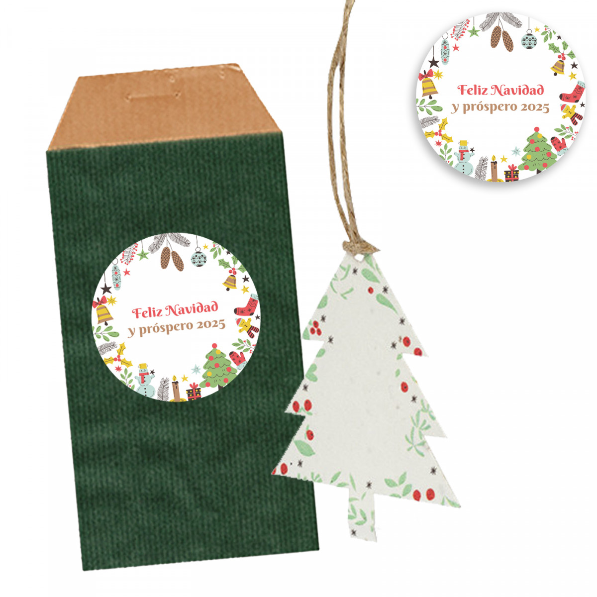Adorno de navidad con semilla de flores en sobre verde personalizado para detalle