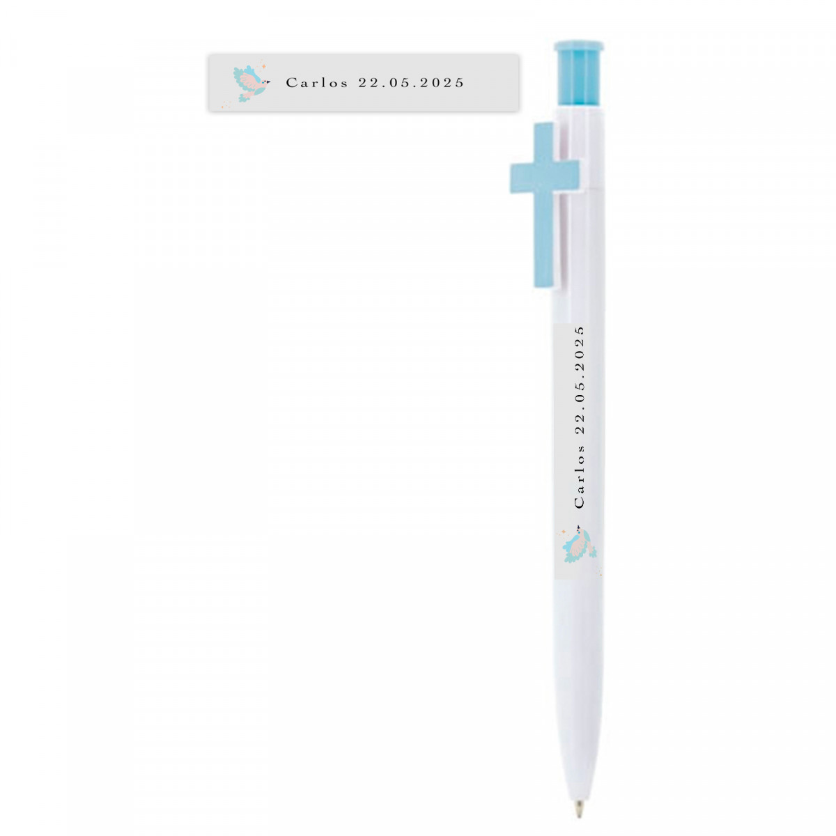 Bolígrafo blanco con cruz celeste para invitados