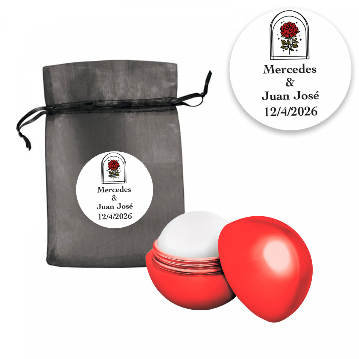 Bálsamo labial en esfera roja presentado en bolsa de organza negra con adhesivo personalizable rosa vintage
