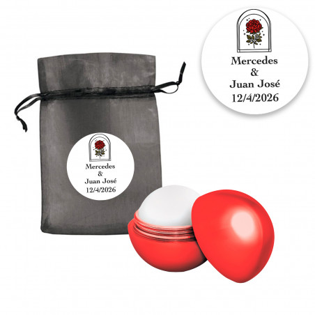 Bálsamo labial en esfera roja presentado en bolsa de organza negra con adhesivo personalizable rosa vintage