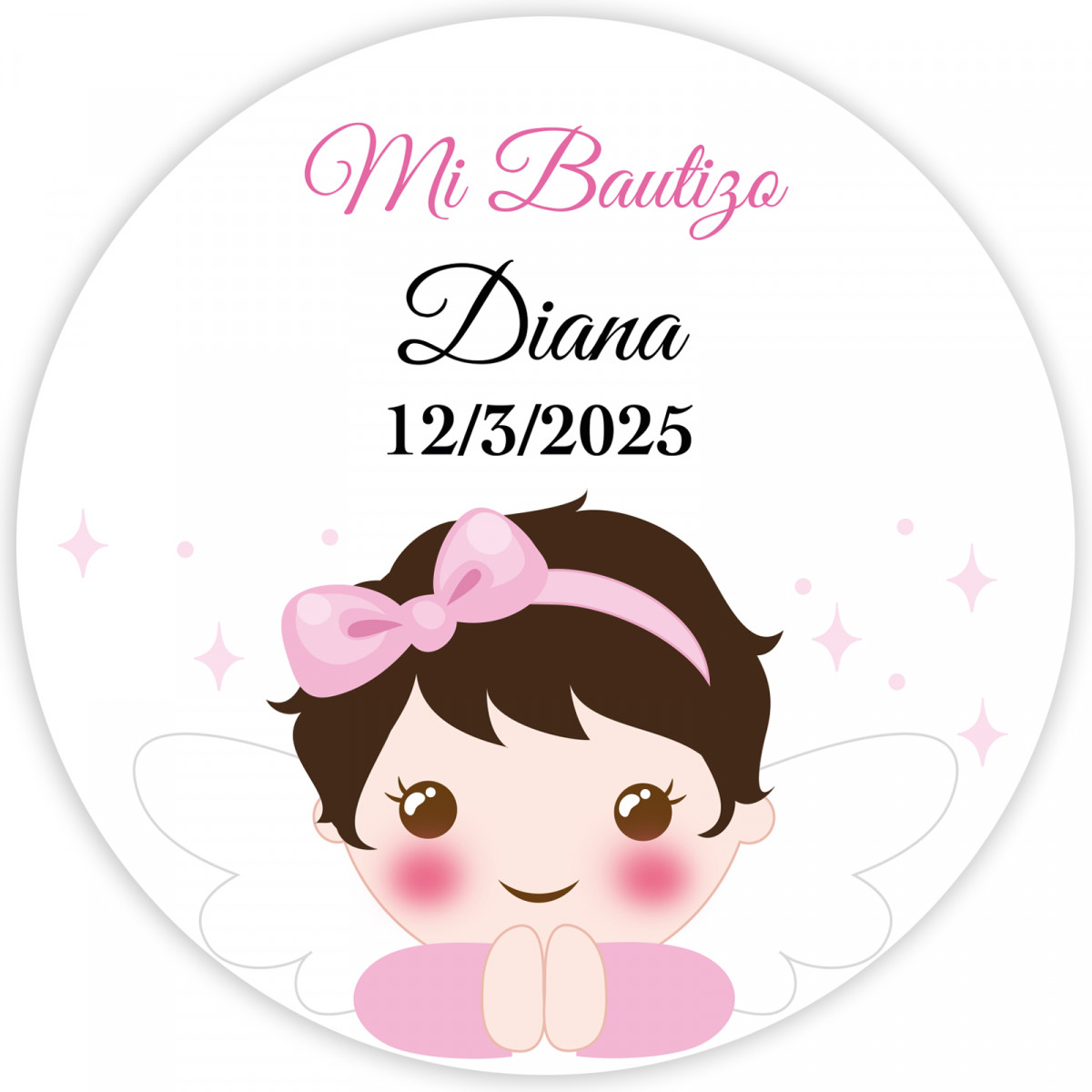 Adhesivo ángel niña redondo 5cm personalizable para bautizo