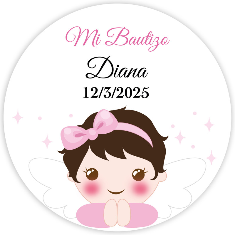Adhesivo ángel niña redondo 5cm personalizable para bautizo