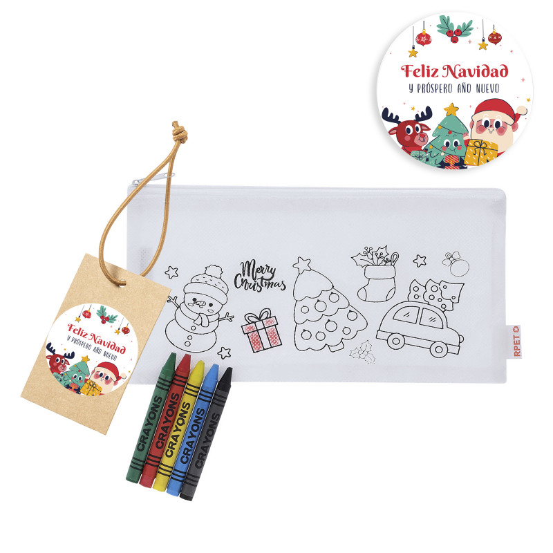 Estuche de navidad para colorear con ceras y etiqueta personalizada para regalar