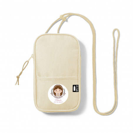 Bolso beige para móvil con adhesivo de comunión de niña