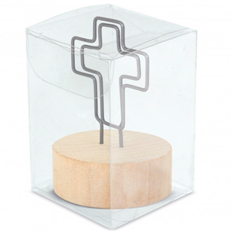 Clip en forma de cruz con caja de acetato y adhesivo de comunión personalizado