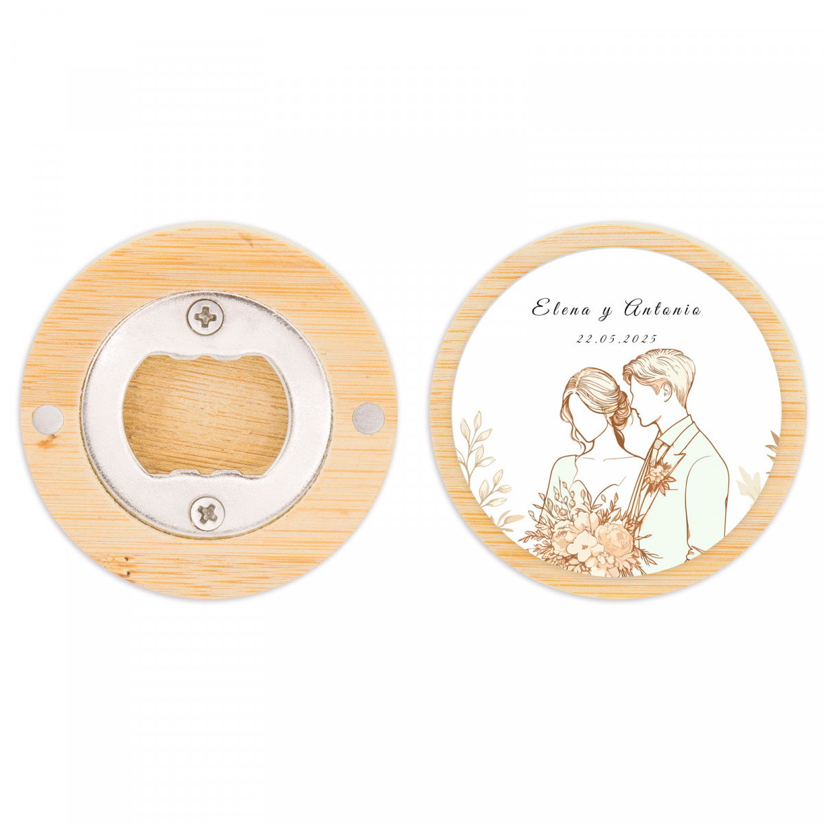 Abridor imantado de madera con adhesivo romántico de novios para detalles