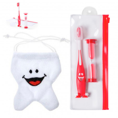 Cepillo de dientes con reloj de arena en estuche con bolsa para el ratón pérez