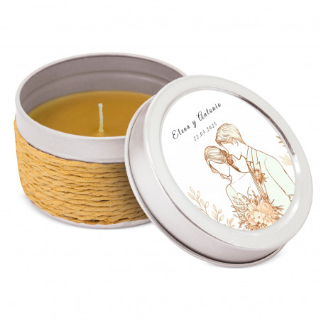 Vela aromática en caja decorada con cuerda y tapa personalizada para bodas