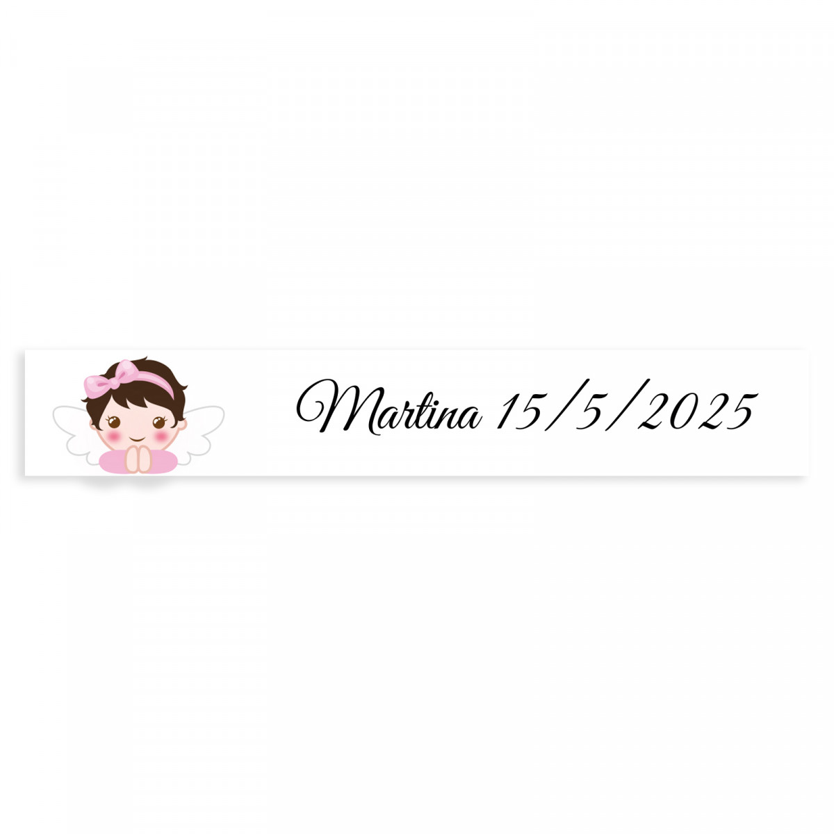 Adhesivo rectangular 5x1 personalizable fondo blanco ángel niña para bautizo