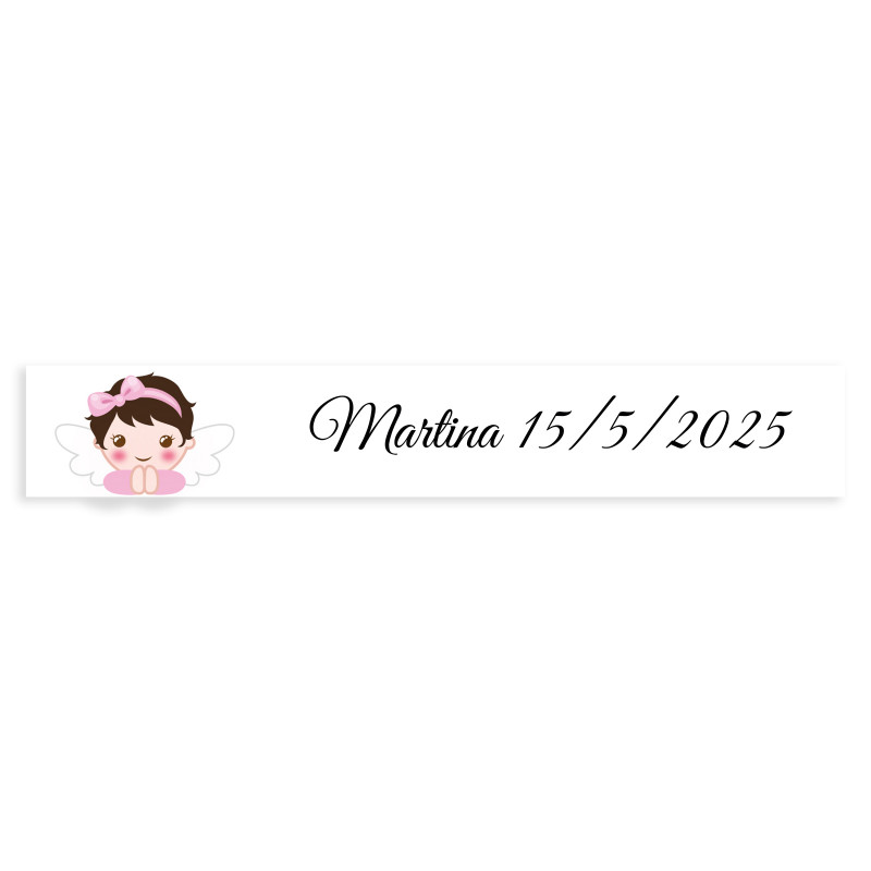 Adhesivo rectangular 5x1 personalizable fondo blanco ángel niña para bautizo