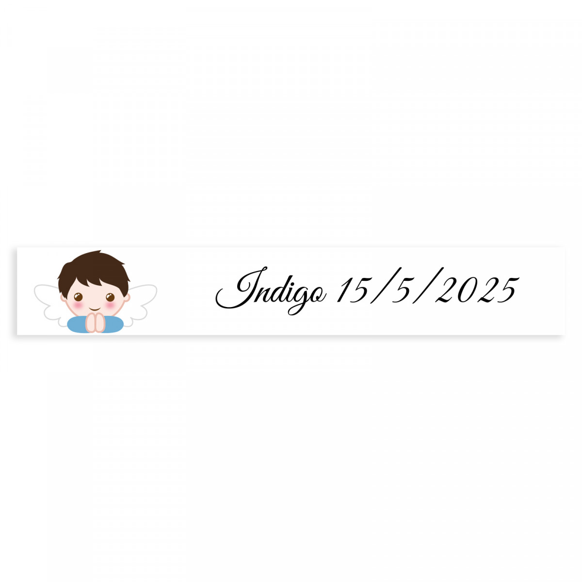 Adhesivo rectangular 5x1 personalizable fondo blanco ángel niño para bautizo