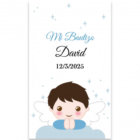 Adhesivo ángel niño 3x5 rectangular personalizable para bautizo