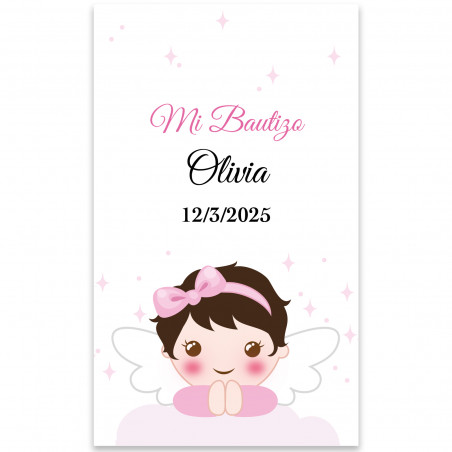 Adhesivo ángel niña 3x5 rectangular personalizable para bautizo