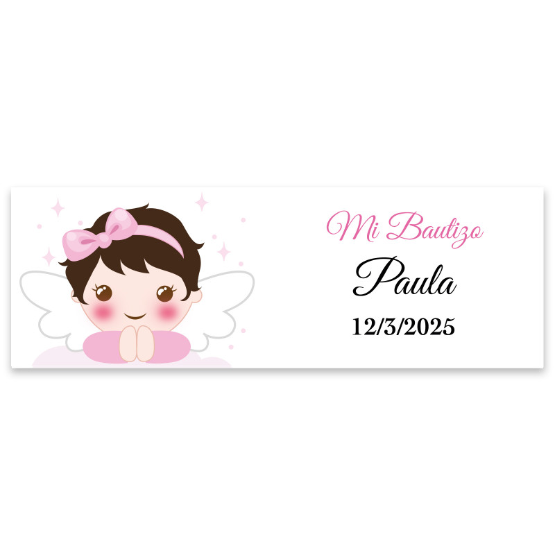 Adhesivo rectangular 6x2 personalizable ángel niña para bautizo