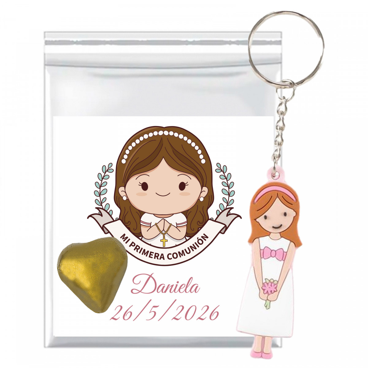 Bombón de corazón con llavero de comunión y tarjeta personalizada para niña