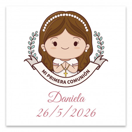 Bombón de corazón con llavero de comunión y tarjeta personalizada para niña