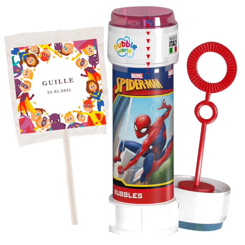 Pompero de spiderman y piruleta de superhéroes personalizada para invitados