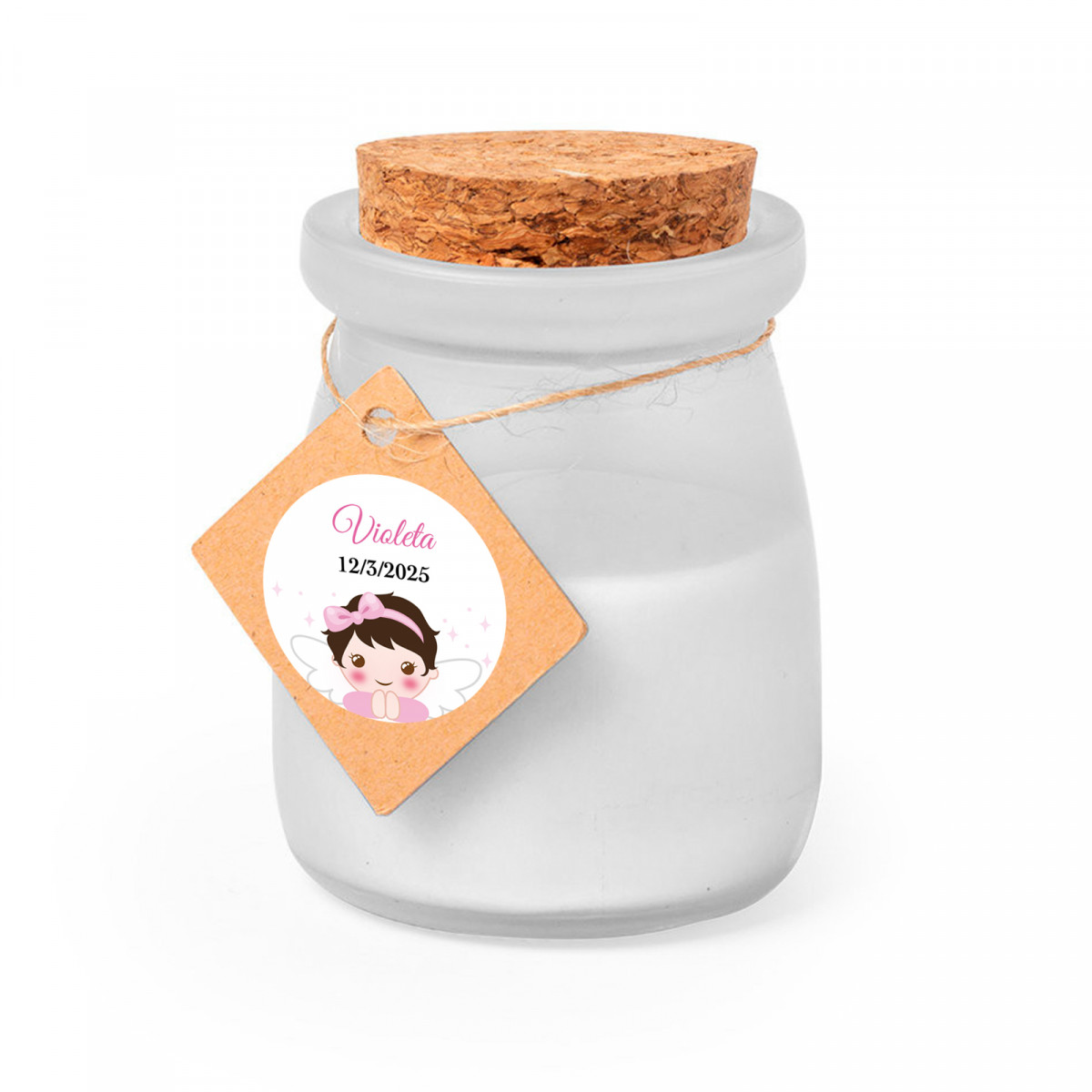 Vela aromática con tapa de corcho y etiqueta personalizada para detalles bautizo niña