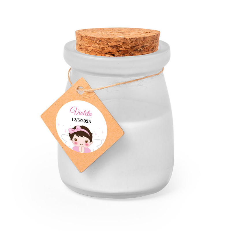 Vela aromática con tapa de corcho y etiqueta personalizada para detalles bautizo niña