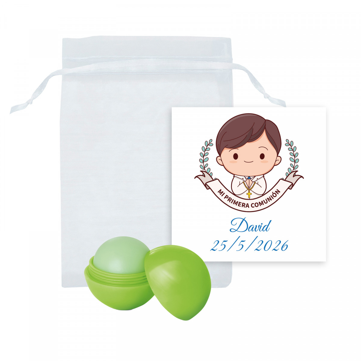 Bálsamo labial esférico verde en bolsa de organza con tarjeta para comunión de niño