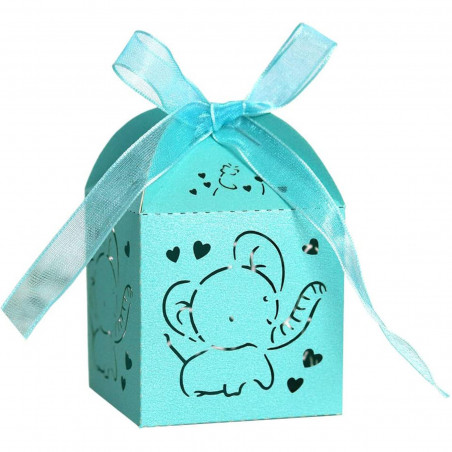 Llavero de madera con adhesivo diseño elefante presentado en elegante caja para detalles bautizos