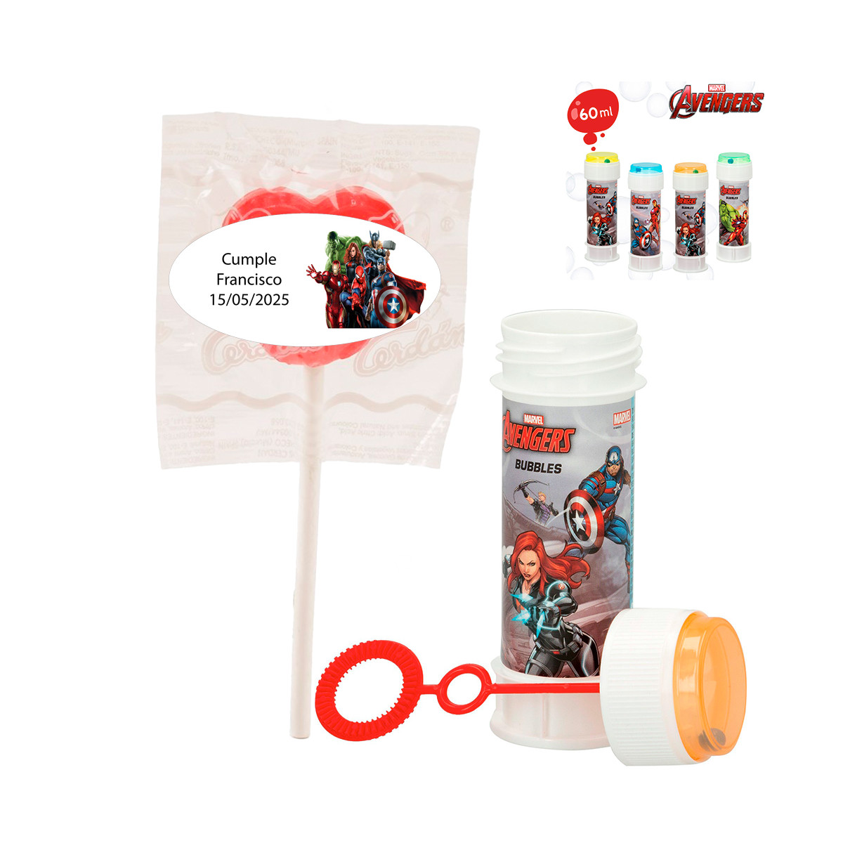 Pompero y piruleta con adhesivo de los vengadores personalizable para detalles