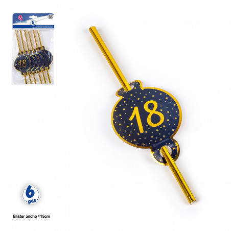Pajitas número18 azul marino diseño estrellas oro