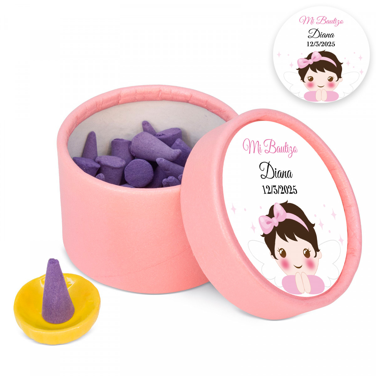 Incienso de lavanda en caja personalizada para detalles de bautizo de niña