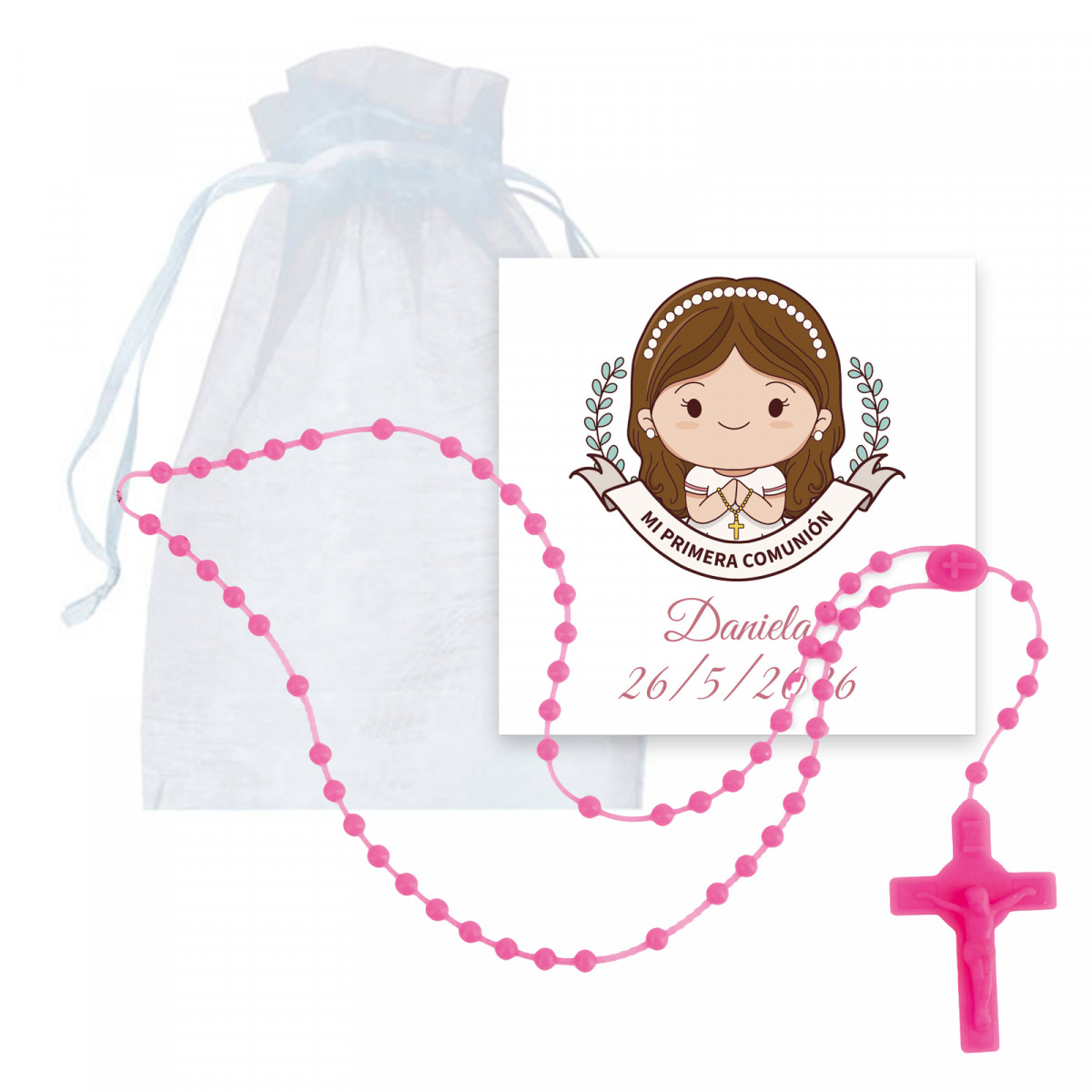 Rosario fucsia de silicona con tarjeta de niña de comunión personalizada en bolsa de organza