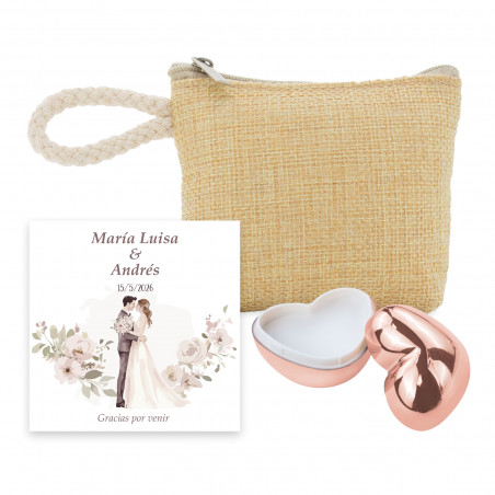 Bálsamo labial en forma de corazón y monedero con tarjeta personalizada romántica para boda