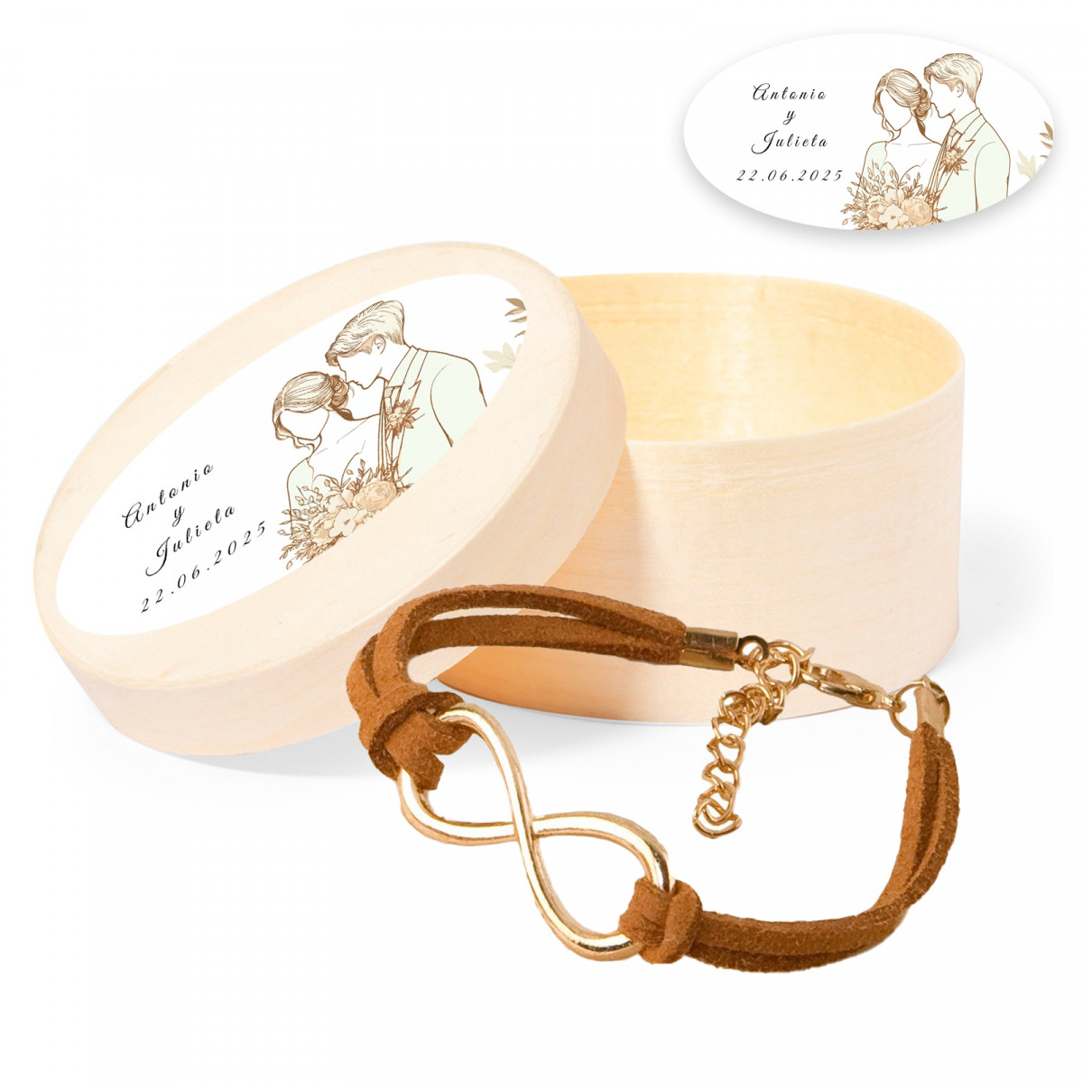Pulsera de infinito dorado en caja de madera personalizada con adhesivo ovalado romántico para bodas