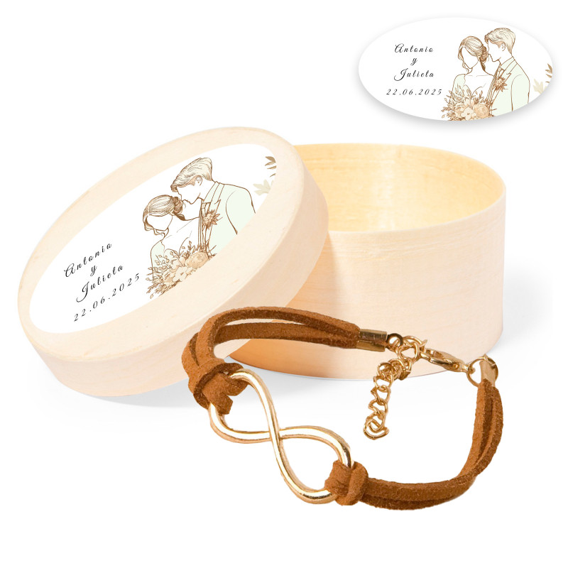 Pulsera de infinito dorado en caja de madera personalizada con adhesivo ovalado romántico para bodas