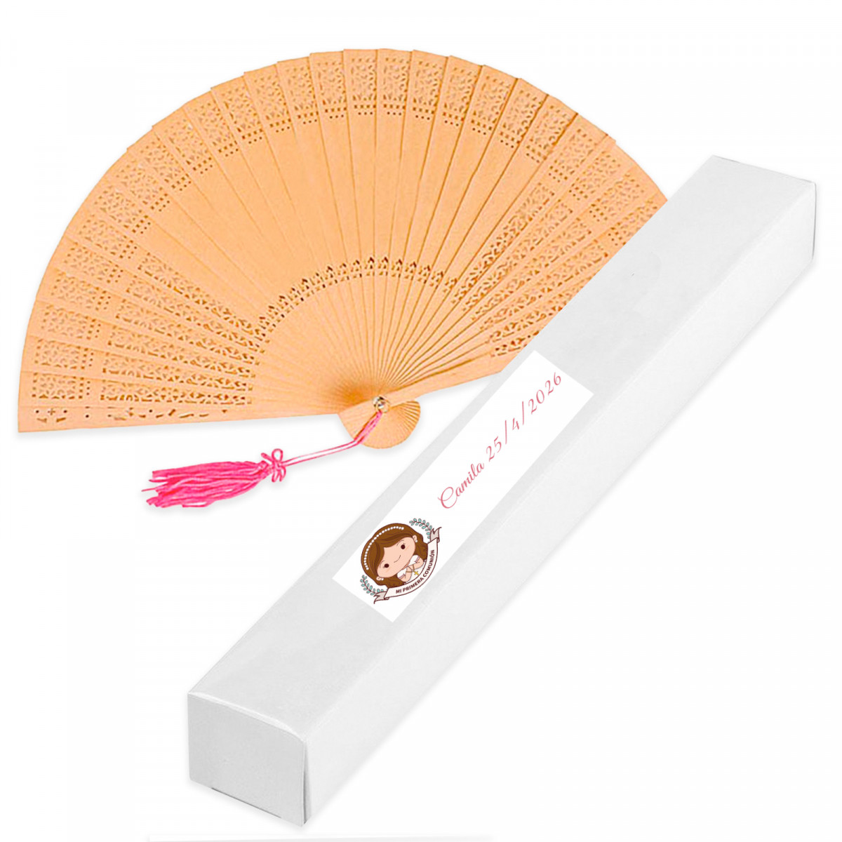 Abanico Con Borla Rosa En Caja Con Adhesivo Primera Comunión Niña Para ...