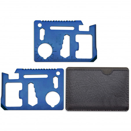 Multiherramienta azul en funda con adhesivo personalizado para comunión de niño
