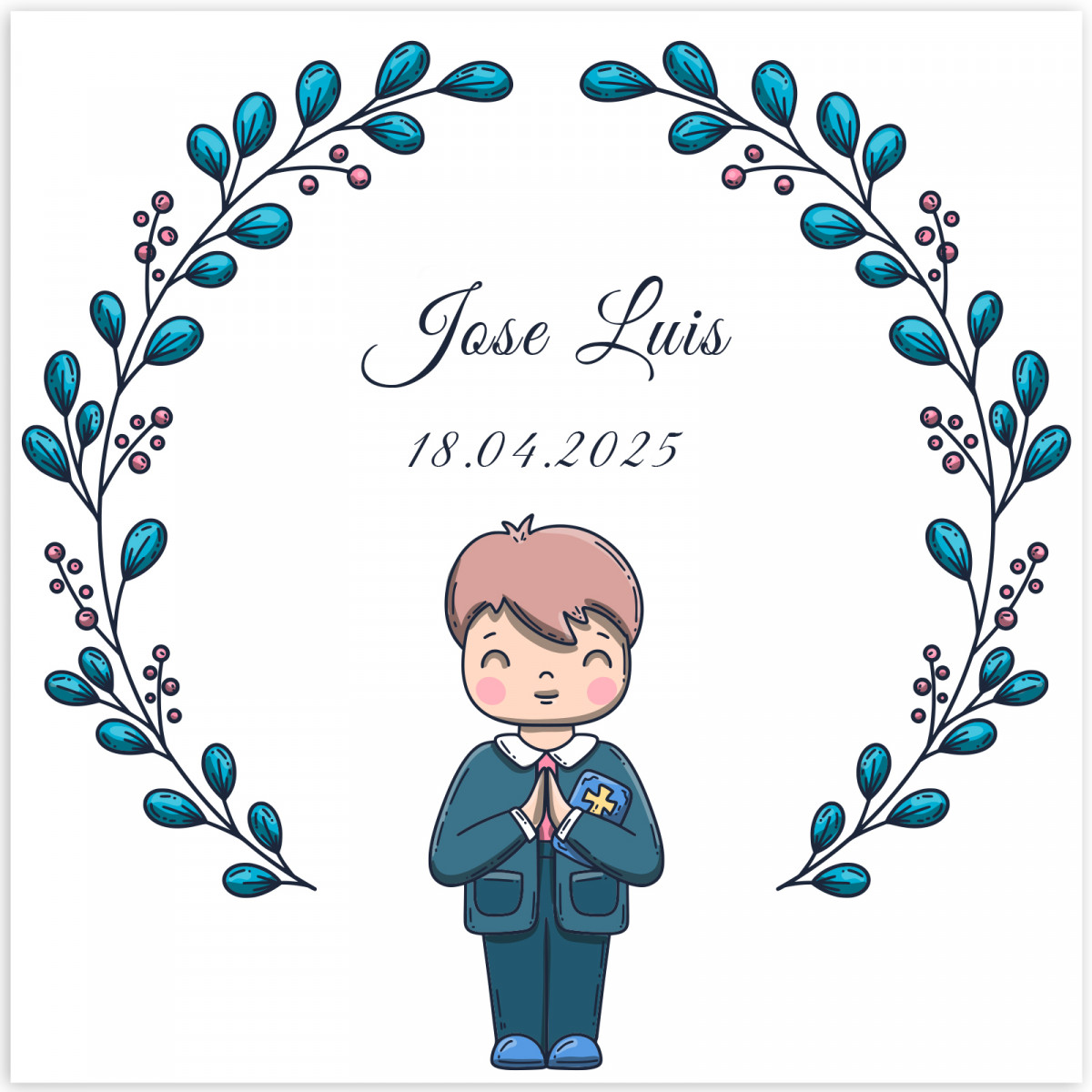 Adhesivo cuadrado 5x5 cm primera comunión niño personalizable