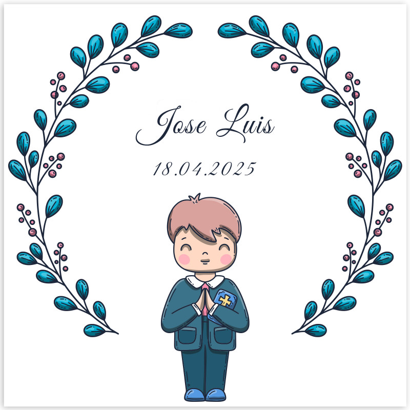 Adhesivo cuadrado 5x5 cm primera comunión niño personalizable