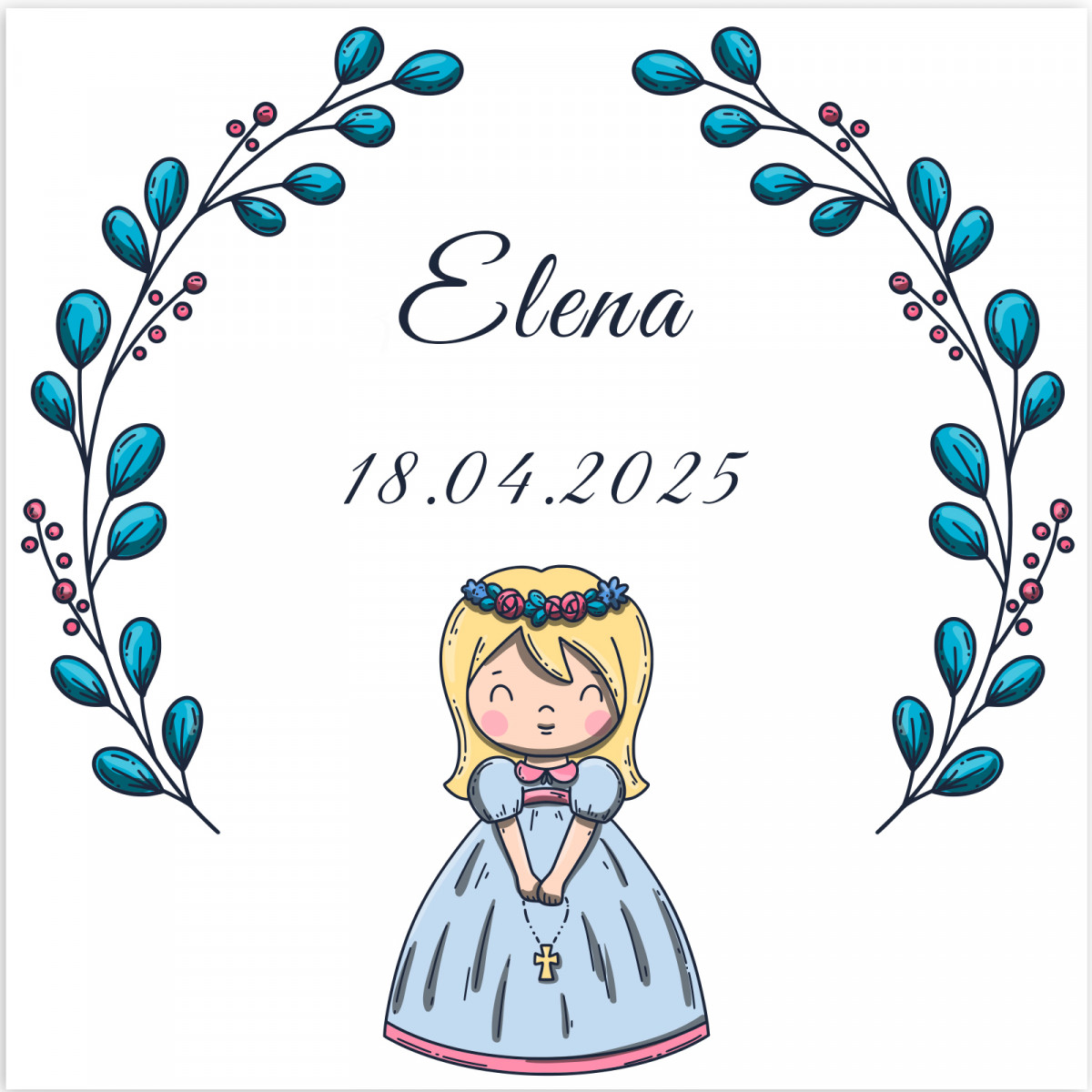 Adhesivo cuadrado 5x5 cm primera comunión niña personalizable