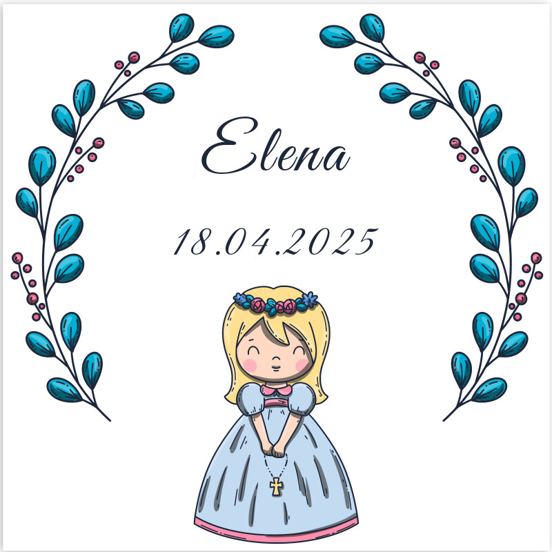 Adhesivo cuadrado 5x5 cm primera comunión niña personalizable