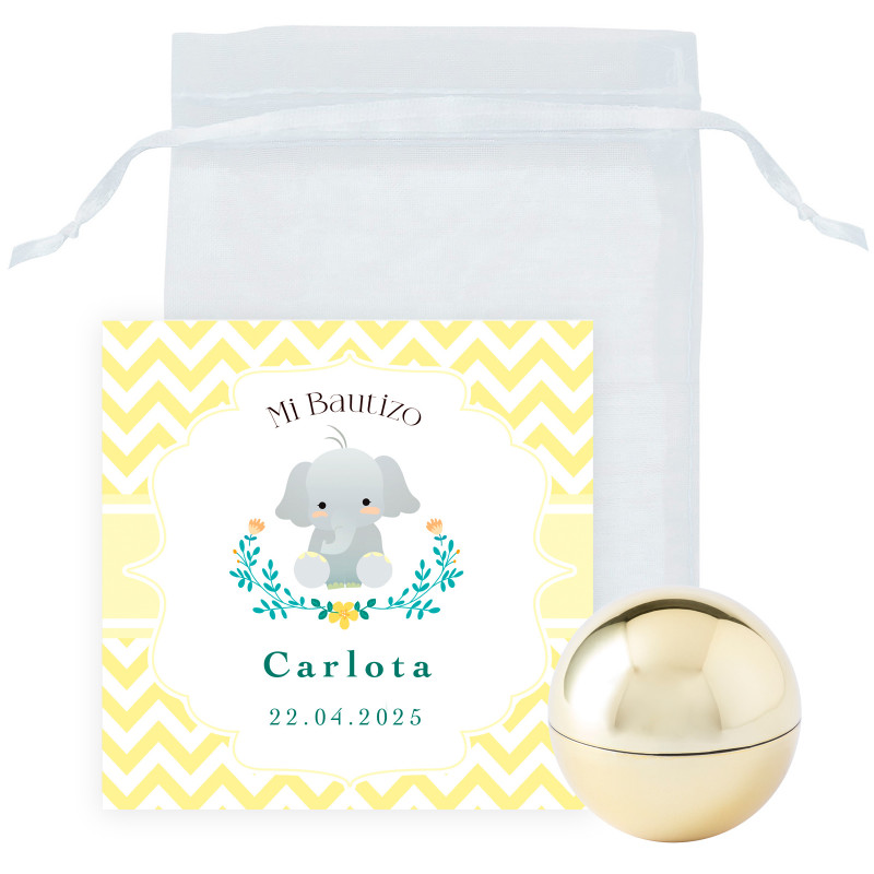Bálsamo labial esférico dorado con tarjeta recordatorio unisex en bolsa de organza para detalles bautizo