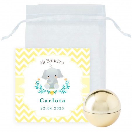 Bálsamo labial esférico dorado con tarjeta recordatorio unisex en bolsa de organza para detalles bautizo
