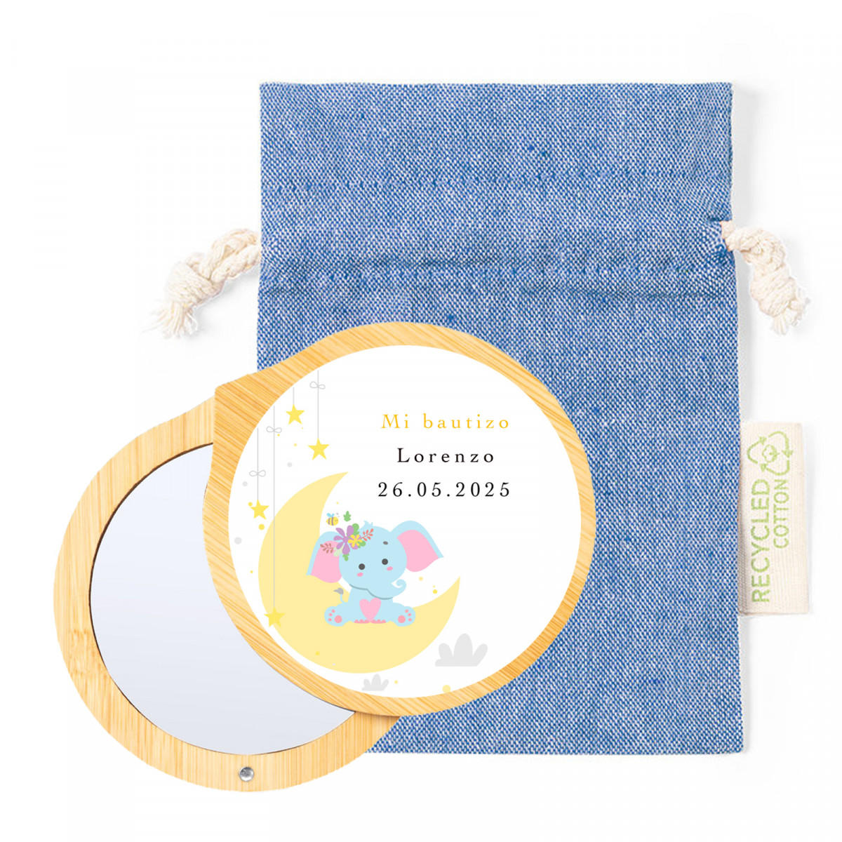 Espejo con tapa imantada personalizado con adhesivo de elefante y bolsa para detalles de bautizo