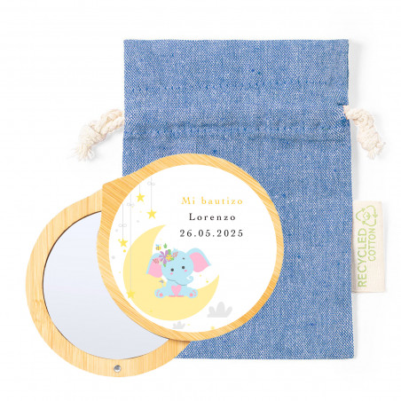 Espejo con tapa imantada personalizado con adhesivo de elefante y bolsa para detalles de bautizo