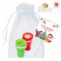 Sellos infantiles navideños con piruleta personalizada de papá noel en bolsa de organza para regalar
