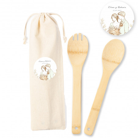 Utensilios de ensalada de bambú para llevar en bolsa personalizada para bodas